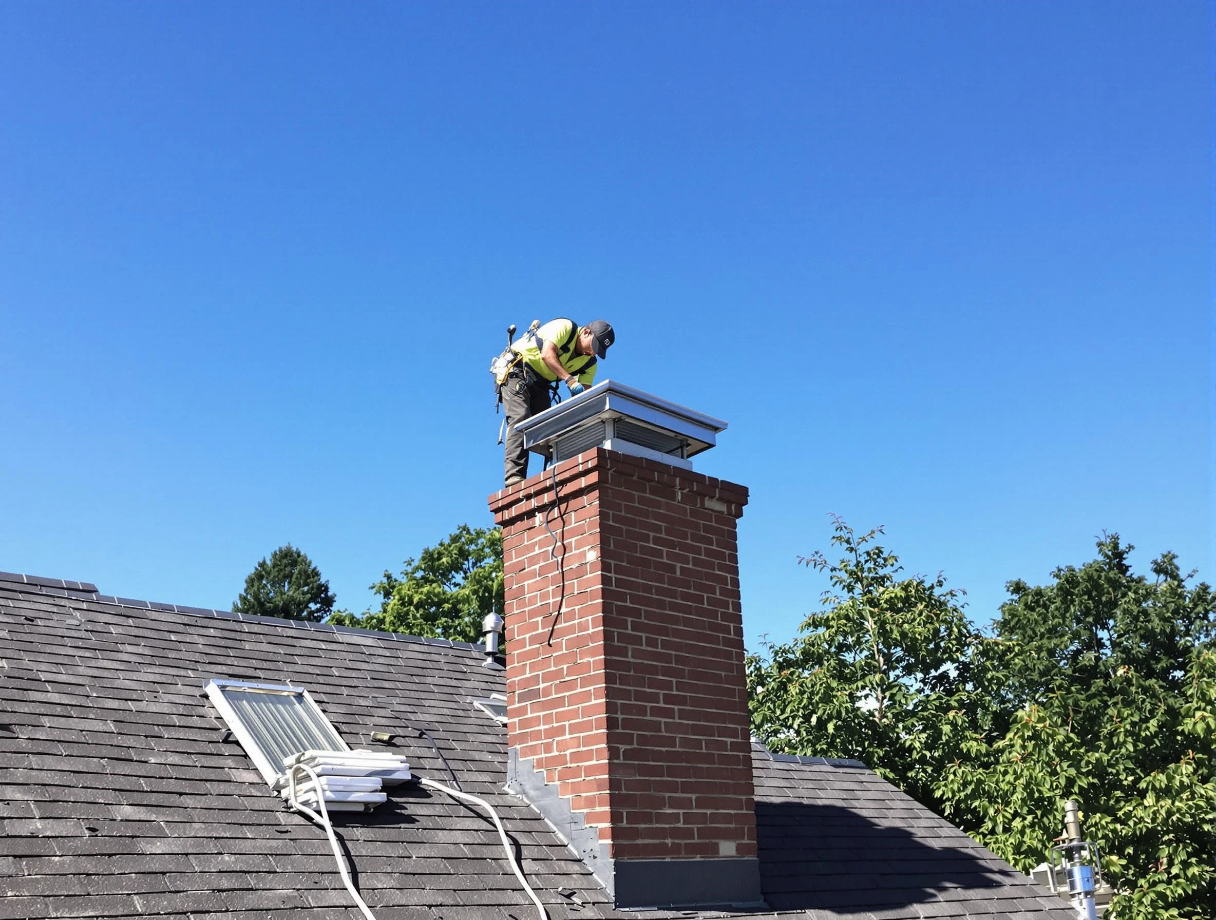 Lexington Chimney Sweep technician measuring a chimney cap in Lexington, MA